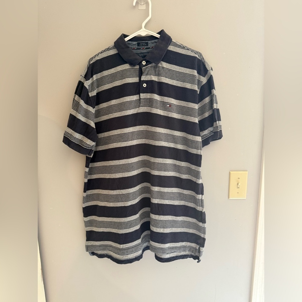 Tommy Hilfiger Striped Polo Short Sleeve Shirt Mens SZ XL Custom Fit Navy Gray